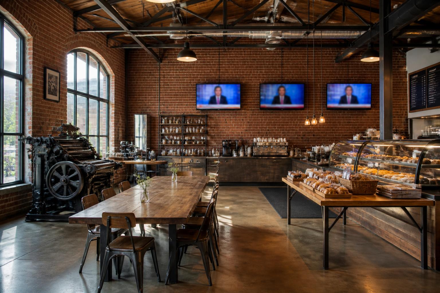 A brick warehouse cafe with an antique printing press and long wooden tables