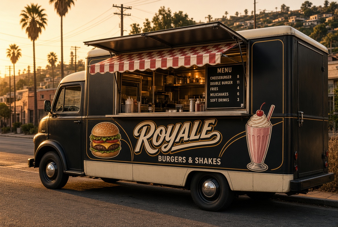 A black vintage food truck with a checkered awning at sunset